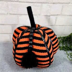 Orange & Black Striped Fabric Pumpkin‎ Figure Fall Halloween Wood Beads Sequins